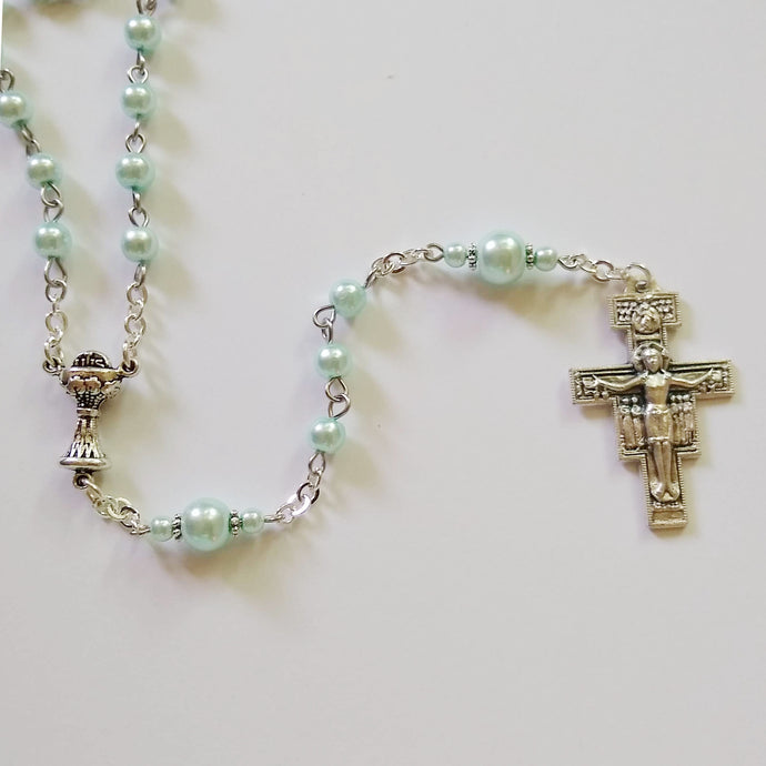 Blue Pearl San Damiano Handmade Traditional Catholic Rosary