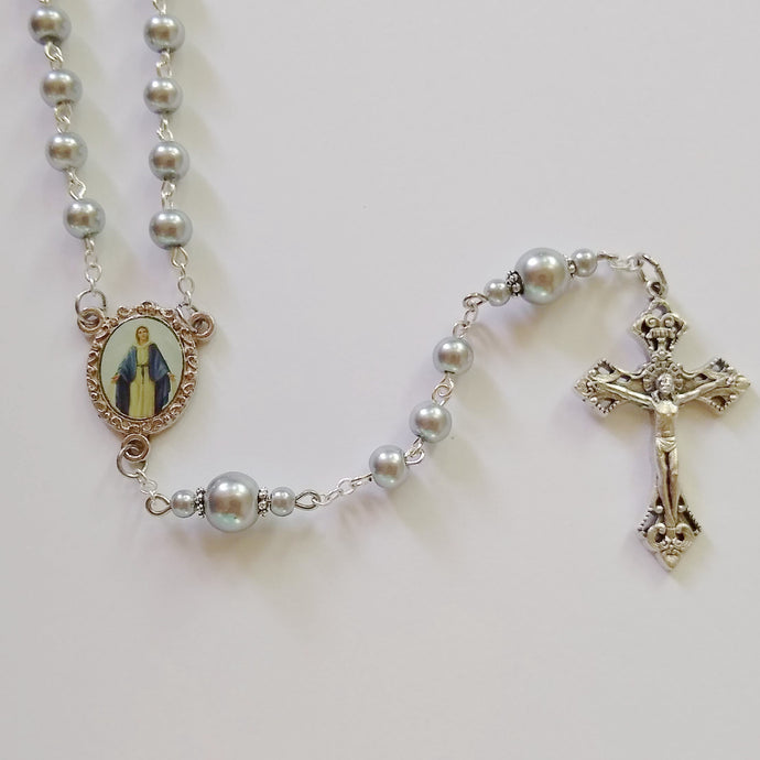 Gray Pearl Our Lady of Grace Handmade Traditional Catholic Rosary