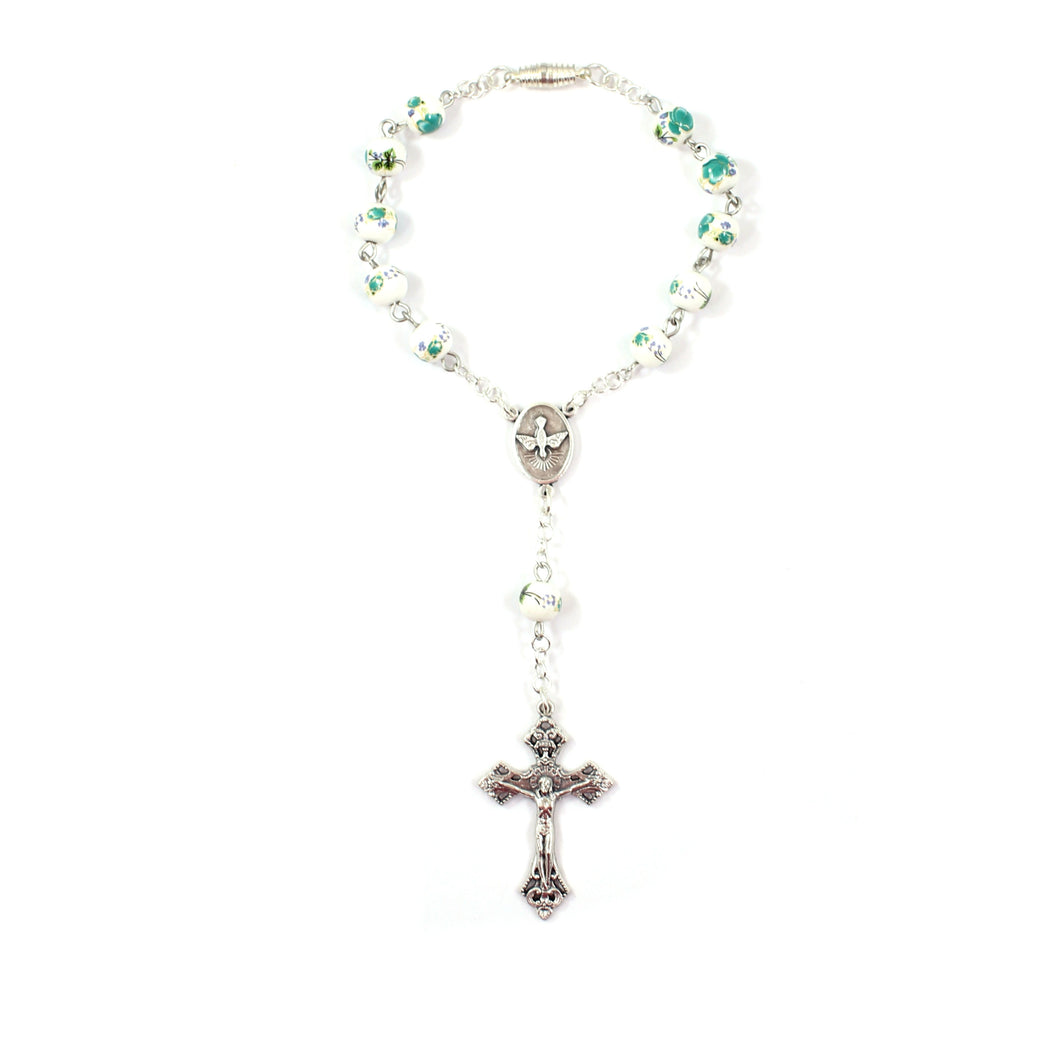 Green Floral Holy Spirit/Holy Family Ceramic Auto Rosary
