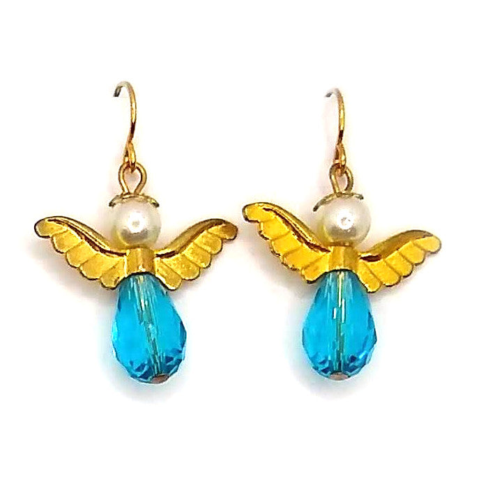 Angel Teardrop Earrings - Aqua and Gold