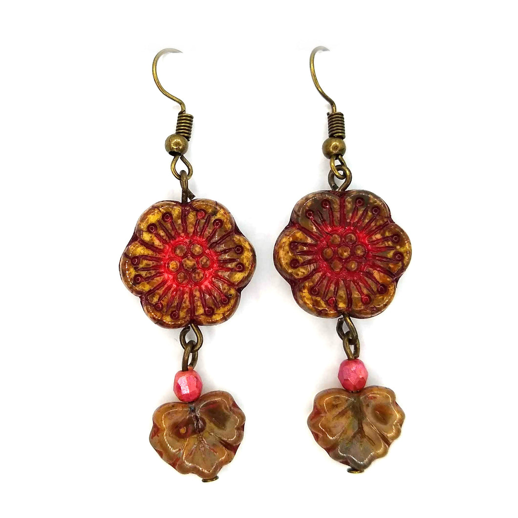 Bronze and Red Czech Flower and Leaf Dangle Earrings