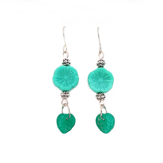Teal Czech Flower and Leaf Dangle Earrings