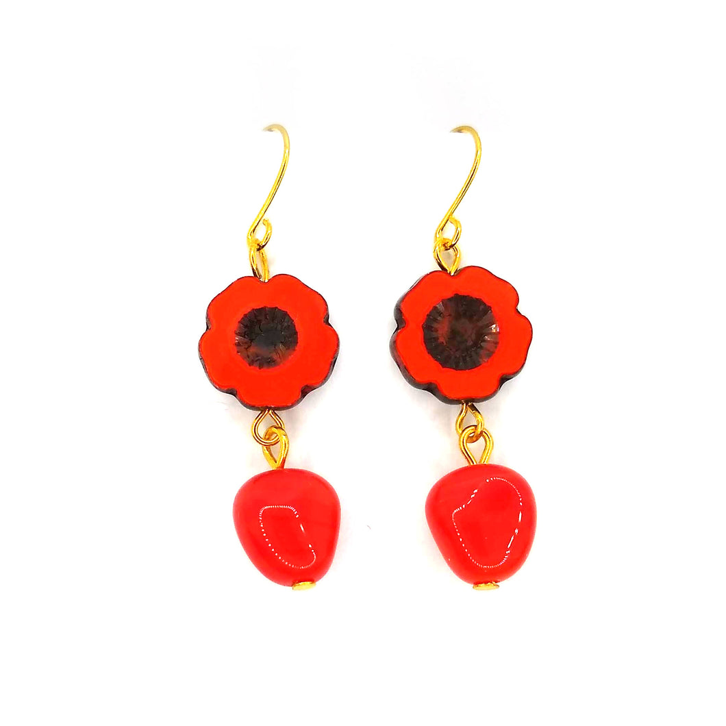 Orange Czech Flower Dangle Earrings