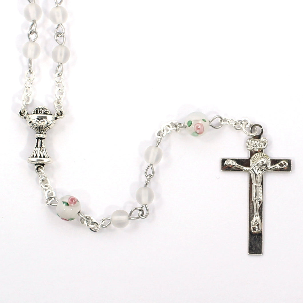 White Floral Chalice Handmade Traditional Catholic Rosary