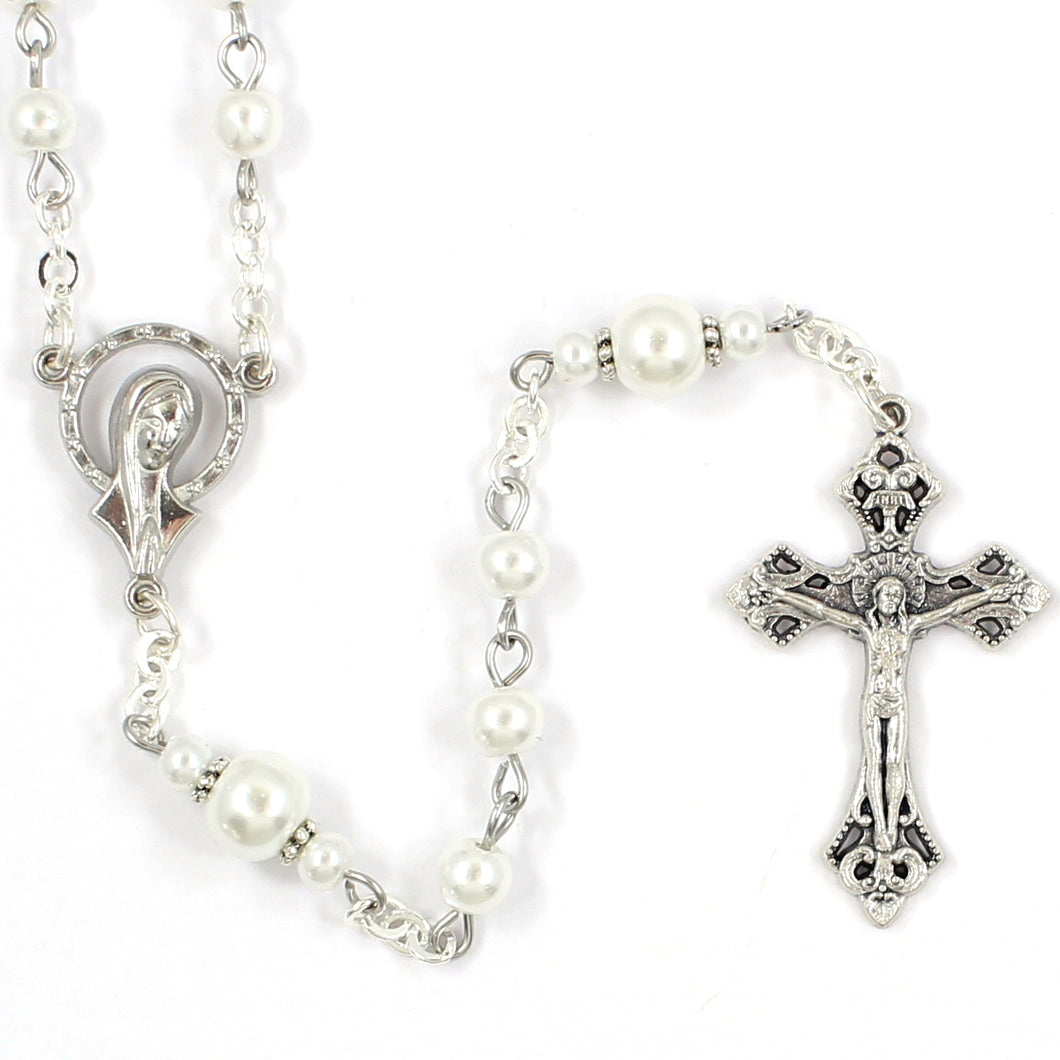 White Pearl Madonna Handmade Traditional Catholic Rosary