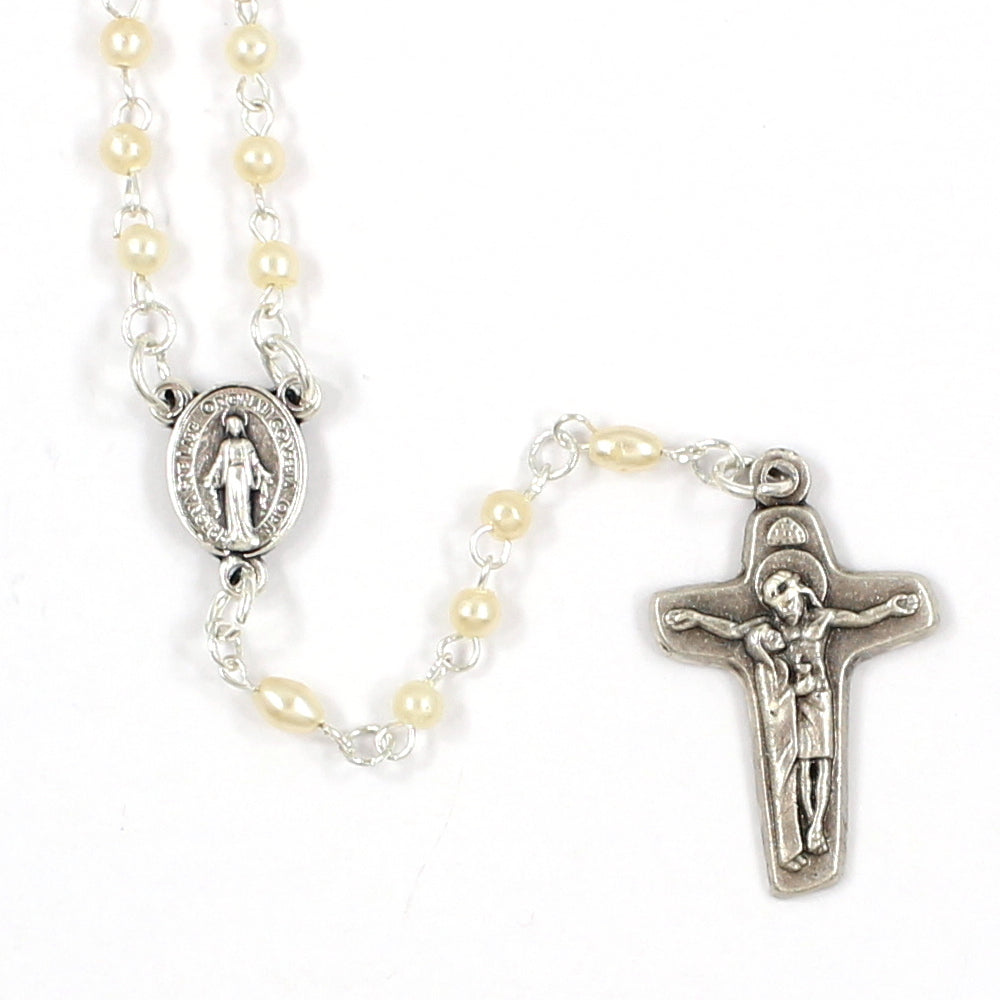 White Pearl Miraculous Medal Handmade Traditional Catholic Rosary