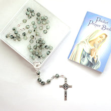 Load image into Gallery viewer, Gray Holy Spirit Sesame Jasper Gemstone Rosary in Jewelry Box with Prayer Booklet