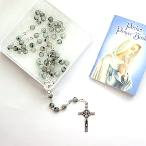 Gray Holy Spirit Sesame Jasper Gemstone Rosary in Jewelry Box with Prayer Booklet